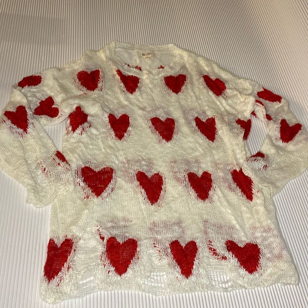 BiBi Valentines Sweater - Red Heart Distressed Sweater Ladies Small
